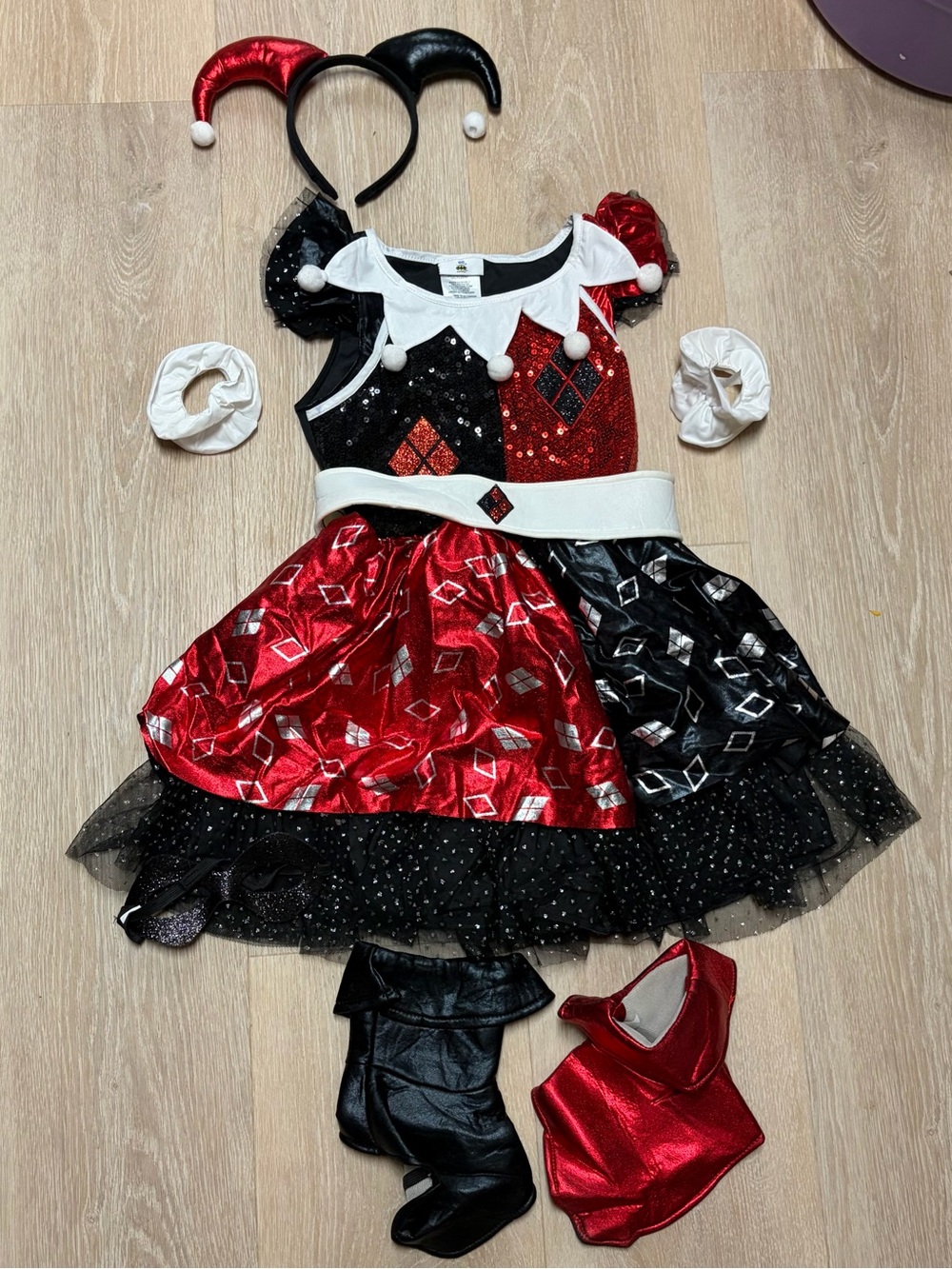 DC Girls Red & Black Harlequin Sequin Costume with Headband